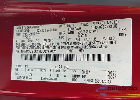 2014 Ford Escape Se из США, поврежденный, VIN 1FMCU9GX5EUD95071